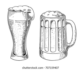 Beer glass, mug  for Oktoberfest. engraved in ink hand drawn in old sketch and vintage style for web, invitation to party or pub menu. design element isolated on white background.