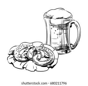 Beer in a glass mug and Pretzel Snack, Bakery. Hand drawing for Brewery, beer craft. Oktoberfest Festival Image for design menu the restaurant, pub, bistro, snack bar, placards, banners. Vector sketch