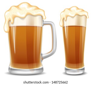 Beer in glass and mug. Realistic vector.