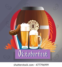 Beer Glass Mug With Sausage Barrel Oktoberfest Festival Banner Flat Vector Illustration