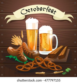 Beer Glass Mug With Sausage Pretzel Oktoberfest Festival Banner Flat Vector Illustration