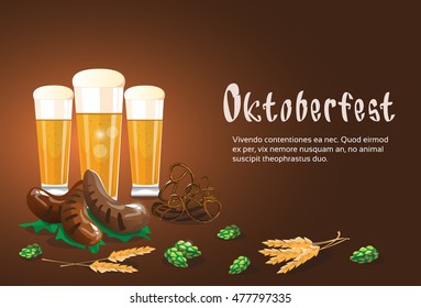 Beer Glass Mug With Sausage Pretzel Oktoberfest Festival Banner Flat Vector Illustration