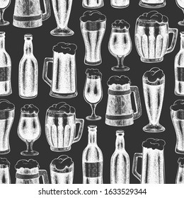 Beer glass mug seamless pattern. Hand drawn vector pub beverage illustration on chalk board. Engraved style beer backdrop. Vintage brewery background.