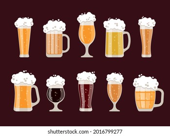 Beer glass mug set. Vector illustration alcohol drinks. 