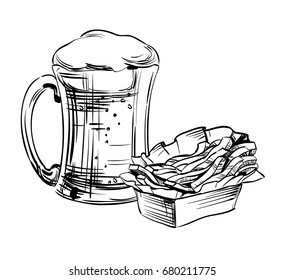 Beer in a glass mug and Snack French fries. Hand drawing for Brewery, beer craft. Oktoberfest Festival Image for design menu the restaurant, pub, bistro, snack bar, placards, banners. Vector sketch