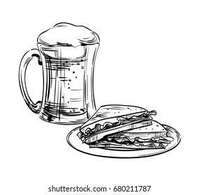 Beer in a glass mug and Snack, Sandwich. Hand drawing for Brewery, beer craft. Oktoberfest Festival Image for design menu the restaurant, pub, bistro, snack bar, placards, banners. Vector sketch