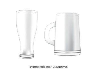 Beer glass and glass mug transparent glassware vector illustration isolated on white background