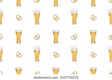 Beer glass, mug vector line illustration doodle food drink alcohol bar pub seamless pattern, bertzel, salted snack, textile design wrapping paper Octoberfest holidays weekend barbecue 