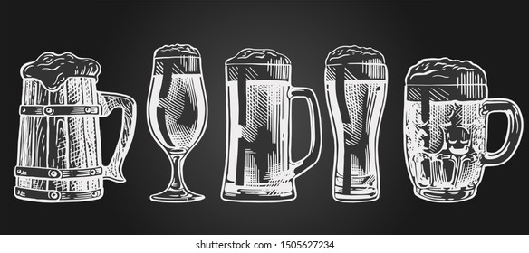 Beer glass, mug. Vintage vector engraving illustration for web, poster, invitation to party. Hand drawn design element isolated on dark background.