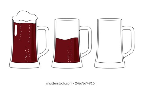 Beer in a glass mug.A set of beer in mugs with foam.Vector illustration.