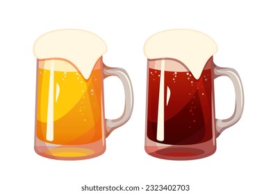 Beer in a glass mug.Golden and dark beer with foam .Vector illustration.