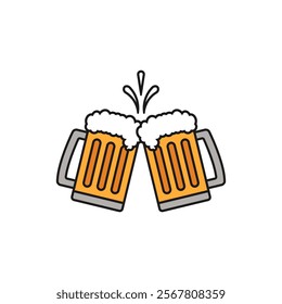 Beer glass mugs clink together. Cheers and toasting. Vector outline icon and illustration on white background.