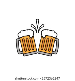 Beer glass mugs clink together. Cheers and toasting. Vector outline icon and illustration on white background.