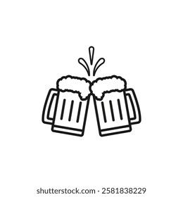 Beer glass mugs clink together. Cheers and toasting. Vector outline icon and illustration on white background.