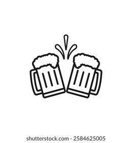 Beer glass mugs clink together. Cheers and toasting. Vector outline icon and illustration on white background.