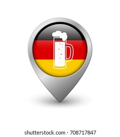 Beer glass on the background on German flag, web map pointer with metal frame and shadow
