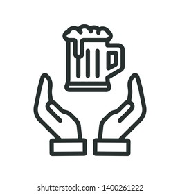beer glass on hand - minimal line web icon. simple vector illustration. concept for infographic, website or app.