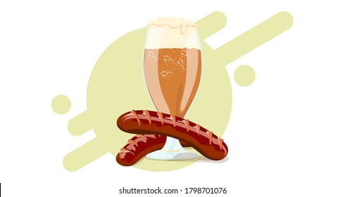 Beer glass on a white background with frothy fresh beer and fried sausages