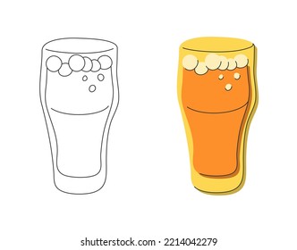 Beer glass on white background. Cartoon sketch graphic design. Flat style. Colored and black white hand drawn image. Party drink concept for restaurant, cafe, party. Freehand drawing style. Vector.