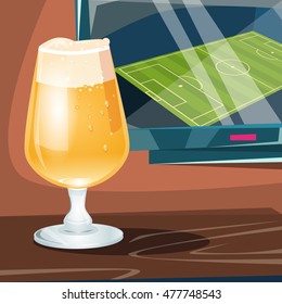 Beer Glass Over TV Set With Football Field Oktoberfest Festival Banner Flat Vector Illustration