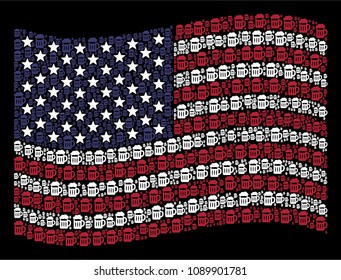 Beer glass pictograms are combined into waving USA flag mosaic on a dark background. Vector concept of American state flag is combined with beer glass items.