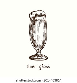 Beer glass pilstulpe. Ink black and white doodle drawing in woodcut style.