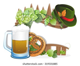 Beer glass, pretzel and  German hat with oak leaves on a wooden fence. Abstract Oktoberfest background