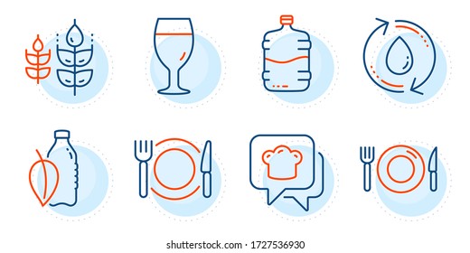 Beer glass, Refill water and Restaurant food signs. Cooler bottle, Water bottle and Gluten free line icons set. Food, Cooking hat symbols. Mint leaf drink, Bio ingredients. Outline icons set. Vector