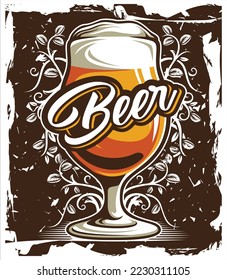 beer glass retro style illustration with flower arabesque in behind template poster 