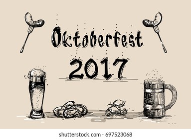 Beer Glass With Sausage Sketch Oktoberfest Festival Banner Vector Illustration