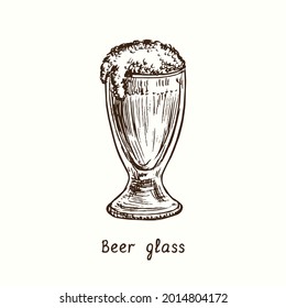 Beer Glass Schooner. Ink Black And White Doodle Drawing In Woodcut Style.