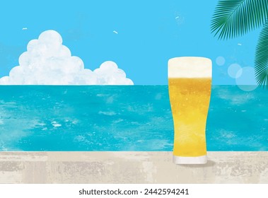 Vaso de cerveza y mar en la acuarela de verano