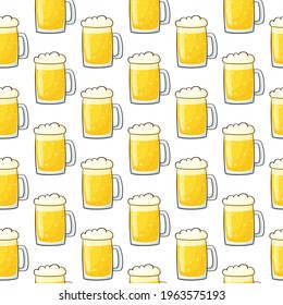 Beer glass seamless pattern with foam in cartoon style. The texture of an alcoholic drink. Isolated on a white background. Beer mug background
