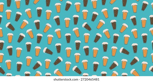 Cerveza en un vaso. Patrón sin fisuras. Arte de línea. Bebida alcohólica, copa de vidrio. Ilustración vectorial, repitiendo fondo.
