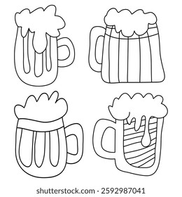 Beer glass set. Hand drawn doodle beer mugs