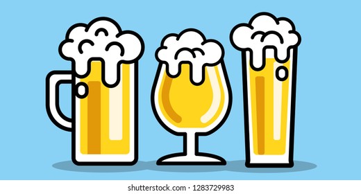 Beer glass. Set icons of beer mugs and glasses, vector illustration - Vector