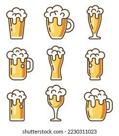 Bier-Glas. Set-Icons von Bierumarmungen und Brillen mit überfließenden Getränken Vektorgrafik