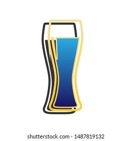 Beer glass sign. Blue icon with gold contour with dark gray shadow at white background. Illustration.