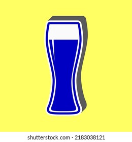 Beer glass sign. Blue Icon with white stroke in 3d at yellow Background. Illustration.