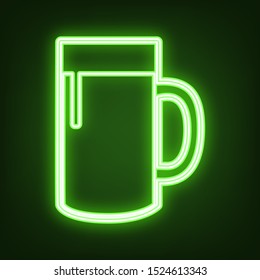Beer glass sign. Green neon icon in the dark. Blurred lightening. Illustration.