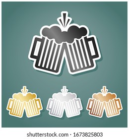 Beer glass sign. Set of metallic Icons with gray, gold, silver and bronze gradient with white contour and shadow at viridan background. Illustration.