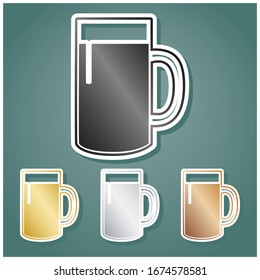 Beer glass sign. Set of metallic Icons with gray, gold, silver and bronze gradient with white contour and shadow at viridan background. Illustration.