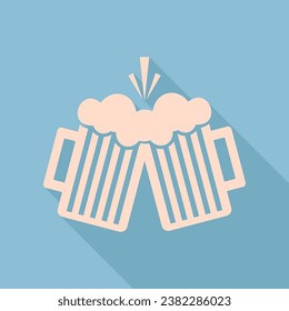 Beer glass sign. Unbleached silk Icon with very long shadow at dark sky blue background. Illustration.