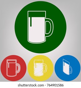 Beer glass sign. Vector. 4 white styles of icon at 4 colored circles on light gray background.