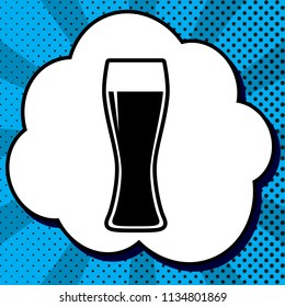 Beer glass sign. Vector. Black icon in bubble on blue pop-art background with rays.