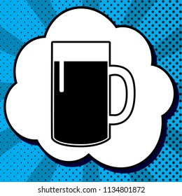 Beer glass sign. Vector. Black icon in bubble on blue pop-art background with rays.