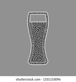 Beer glass sign. Vector. Black maze filled icon with white border at gray background.