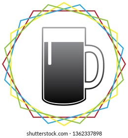 Beer glass sign. Vector. Black icon with patch of light inside colorful hexagonal frames at white background.