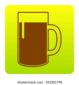 Beer glass sign. Vector. Brown icon at green-yellow gradient square with rounded corners on white background. Isolated.