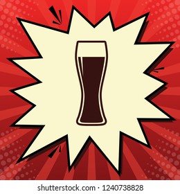 Beer glass sign. Vector. Dark red icon in lemon chiffon shutter bubble at red popart background with rays.